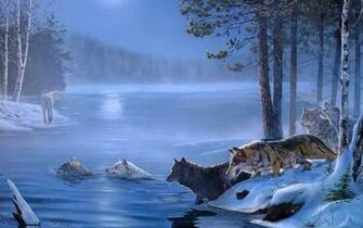 Dogs Paintings Light Art Wolf Rivers Night Wolves Lakes Moon