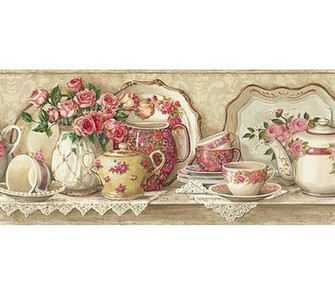 Victorian Lace Coral Rose Tea Pot Wallpaper Wall Border Tools