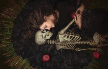 Wallpaper Girl Apples Feathers Skeleton Image For Desktop