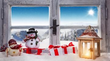 Wallpaper Christmas Snowman Snow Window Lamp Gift