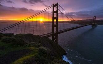 Golden Gate Bridge San Francisco Bay Ocean Sea Roads Sunset Sky