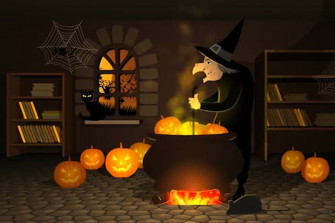 Ugly Witch Dressed Black In The Hat Is Preparing A Potion