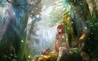Woman Squirrel Rabbit Forest Wallpaper