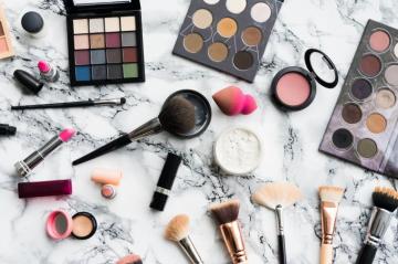 Woman Beauty Makeup Set On White Marble Background Stock