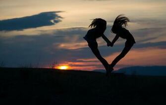 Wallpaper The Sky Sunset Girls Mood Jump Heart Pair Two