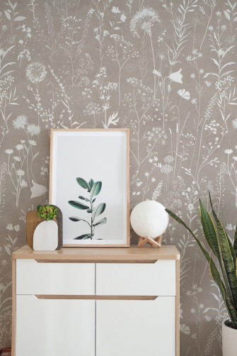Bohemian Style Neutral Color Wild Flowers Art Wallpaper Mural