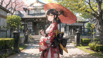 Japanese Anime Girl Kimono Cherry Blossom Live Wallpaper