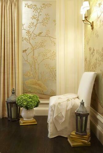 Beautiful Metallic Silver Gold Wallpaper White Slipper Chair