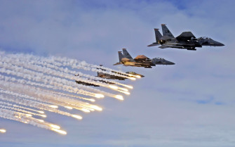 F Strike Eagle Military Aircraft Flares Wallpaper HD