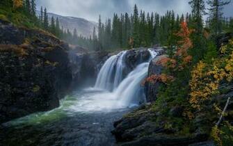 Wallpaper Mountain Waterfall Autumn Landscape