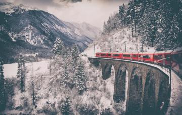 Wallpaper Winter Forest Snow Mountains Red Bridge