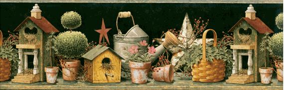 Birdhouses Topiary Wallpaper Border