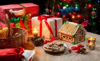 Gingerbread House Basket Oranges Christmas Wallpaper Background