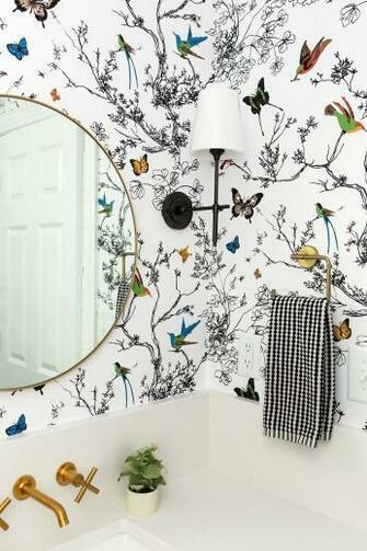 Powder Room Whimsical Wallpaper Details Gold Bathroom Fixtures