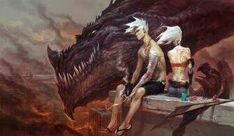 Art Dragon Baby Boy Girl Sitting Cigarette Tattoo City Fire Chaos