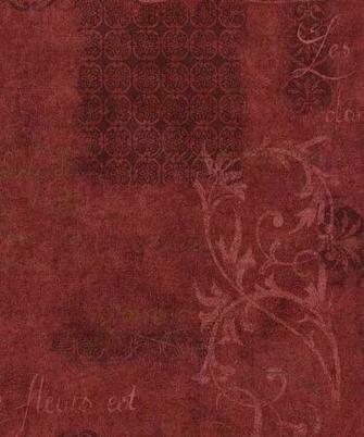 Burgundy Wine Distressed Wallpaper French Script Fleurs Scrolling