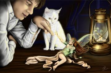 Desktop Wallpaper Cats Fairies Man Girls Fantasy Paraffin
