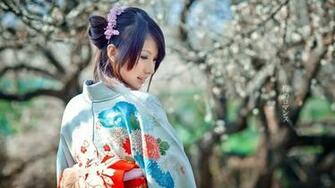 Brunettes Women Japanese Kimono Wallpaper Abstract