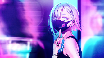 Anime Girl City Lights Neon Face Mask 4k Laptop Full HD 1080p Wallpaper