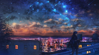 Wallpaper Starry Night Sky Stars City Anime Girl 4k