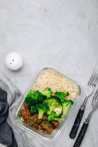 Beef Broccoli Stir Fry Meal Prep Lunch Box Container Stock Photo