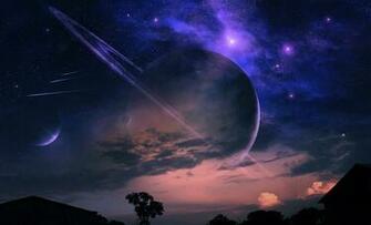 Planet Stars Sky Landscape Night House Tree Cloud Nebula Rings Meteor