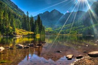 Lake Usa Colorado Maroon Bells Sun Sunlight Forest Mountains Wallpaper