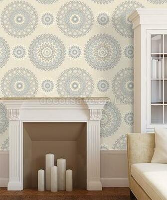 Glitter Medallion Blue Cream Wallpaper Moroccan Floral Circle