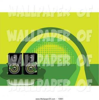 Stereo Speakers In A Puddle Over Green And Yellow Rainbow Background