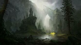 Art Painted Landscape Rain River Rock HD Wallpaper
