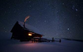 Winter Night House Snow Stars Sparks Frost Wallpaper Background