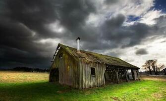 Wallpaper Old Barn Dark Clouds Field Desktop