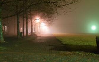 City Aeyaey Park Night Bench Fog Sidewalk Grass Lights