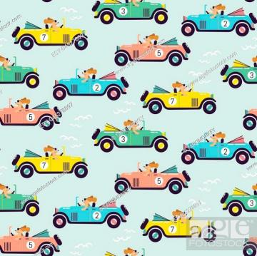 Cute Car Race Seamless Vector Pattern Dogs Drive Racing Cars Boy