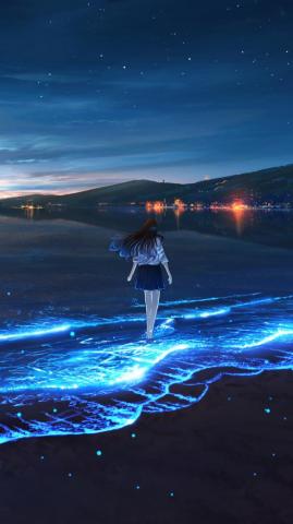 Anime Girl Beach Wave Sunset Scenery Wallpaper iPhone Phone 4k 1480f