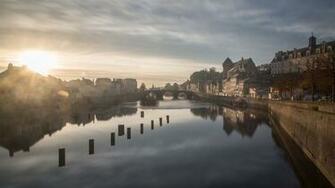 Wallpaper Sunrise River Bridge Houses Morning Fog Laval