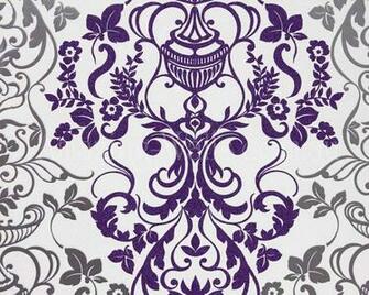 Alice Whow Floral Baroque Damask White Purple Silver Metallic No