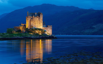 United Kingdom Scotland Dornie Night Water Castle Lights Light Wallpaper