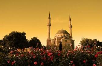 Mosque With Two Minarets In Baku Azerbaijan At Su