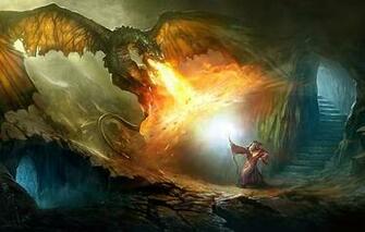 Dragon A Magician Cave Fight Fire Magic Wizard Staff Stair