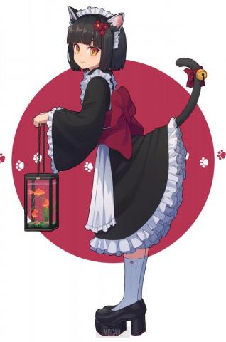 Anime Girl Maid Cat Ears Fish Black