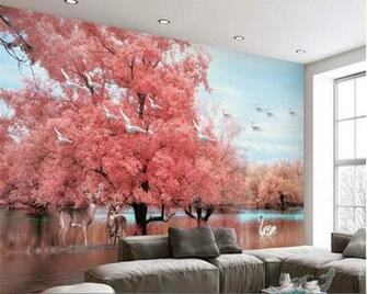 Beibehang American Advanced Silk Fantasy Pink Tree Elk Swan Lake