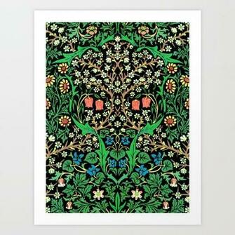 William Morris Jacobean Floral Black Background Art Print By