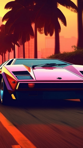 Lamborghini Sports Car Street Sunset Synthwave 4k Wallpaper iPhone