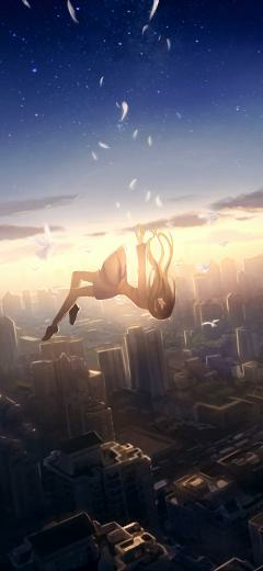 Anime Girl Falling Down Cityscape Bird
