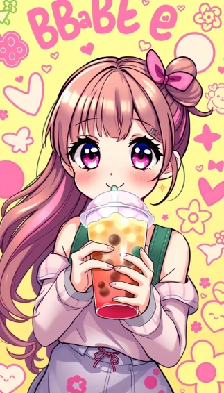 Cute Anime Girl Drinking Boba Wallpaper