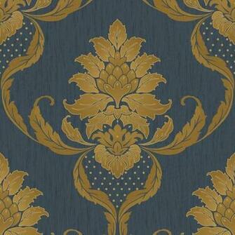 Viviani Damask Midnight Blue Gold Heavyweight Vinyl Wallpaper
