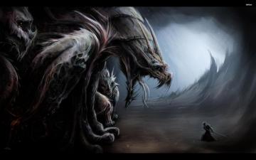 Warrior Battling The Giant Monsters Wallpaper