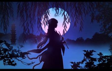 Wallpaper Night Fog Foliage Silhouette Pagoda The Full Moon