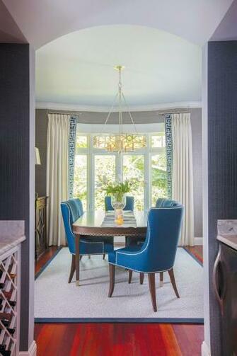 A Dining Room Boasts Geometric Grass Cloth Wallpaper From Thibaut